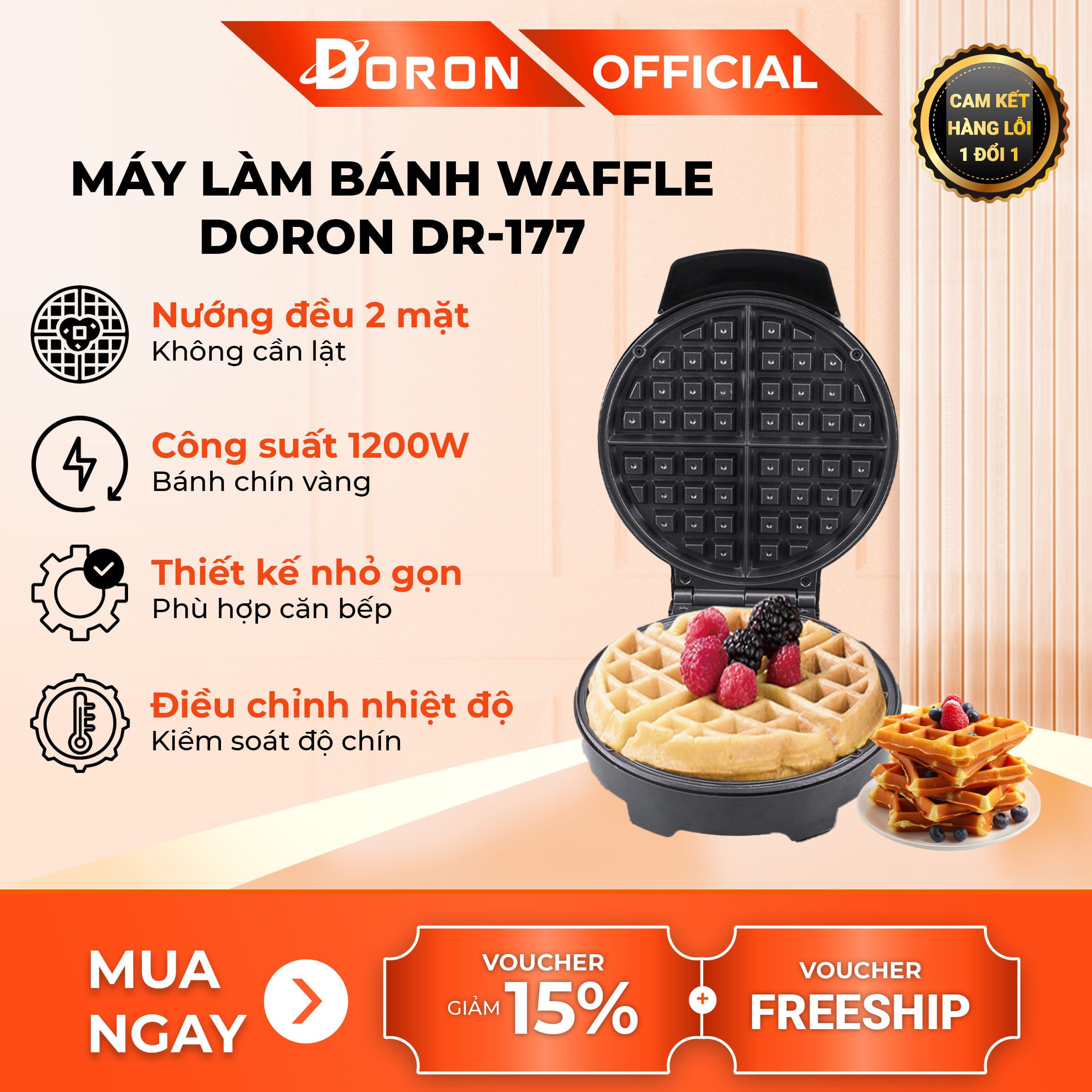 Máy làm bánh waffle bông lan đơn DORON_177, 1200W kiểm soát nhiệt độ chính xác, bánh thơm ngon