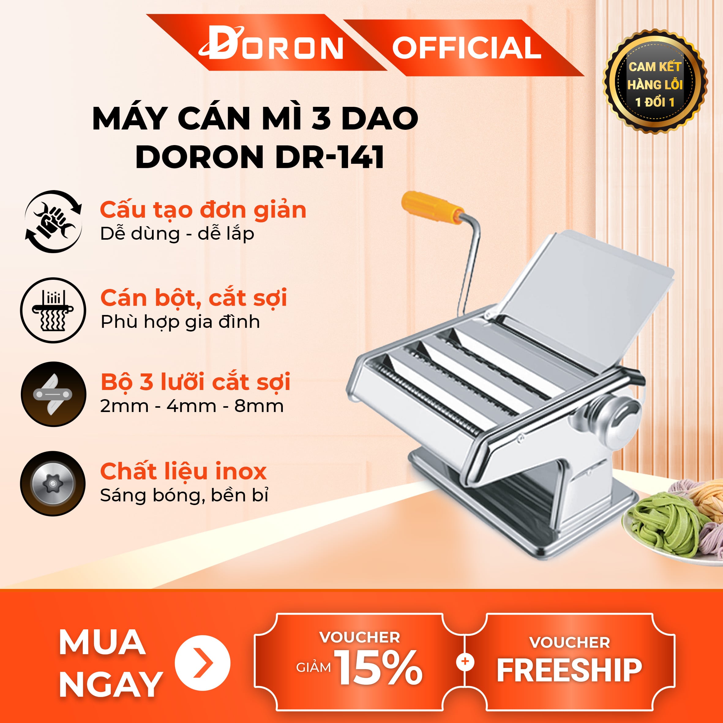 Máy làm mỳ sợi DORON, máy cán bột 3 lưỡi dao làm mì tươi, vỏ bánh đa năng