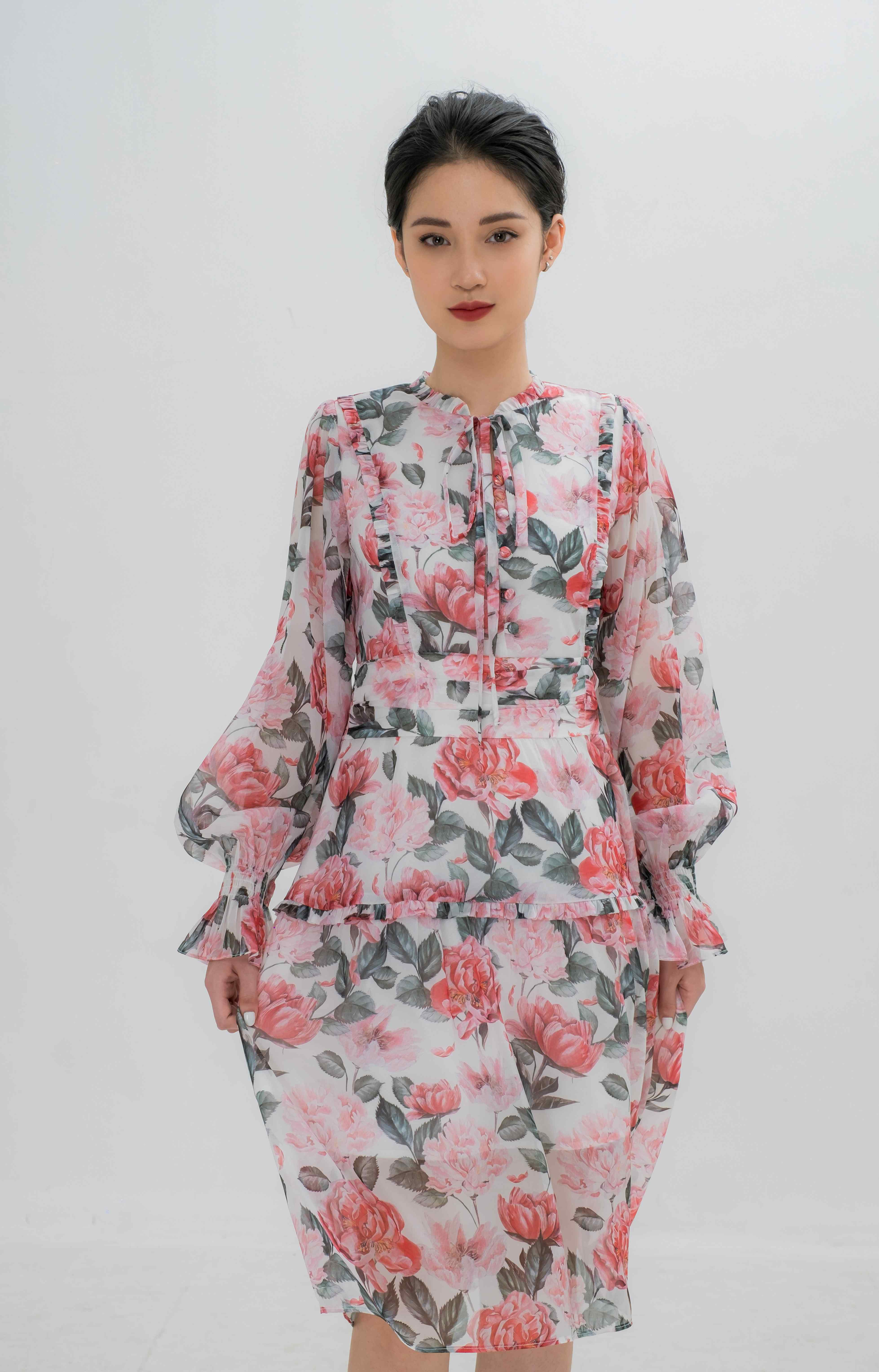 Đầm voan hoa dáng xòe viền bèo KK119-16 | Thời trang công sở K&K Fashion
