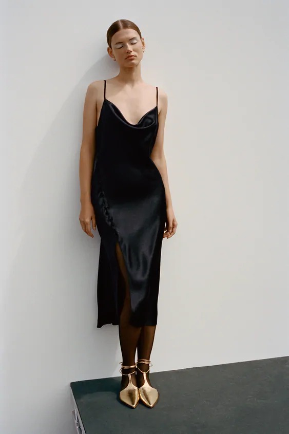 Đầm hai dây Zara nữ vải lụa màu đen - 7969/221