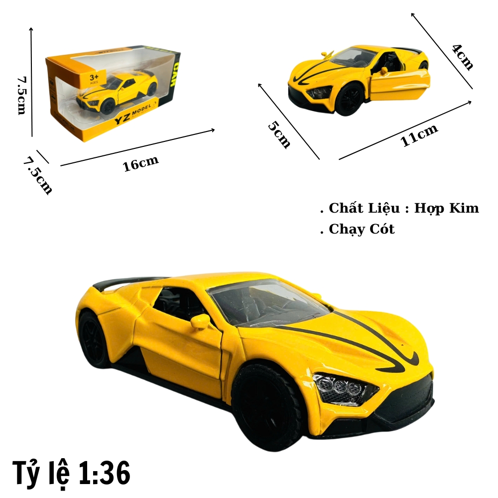 Mô Hình xe Zenvo ST1 vàng tỉ lệ 1:36 Hợp kim có thể mở cửa - bánh sau chạy cót - Dài 11cm - rộng 5cm - cao 4cm - nặng : 500gram - FULL BOX : box màu SKU : oto349 -k70-t1-s3