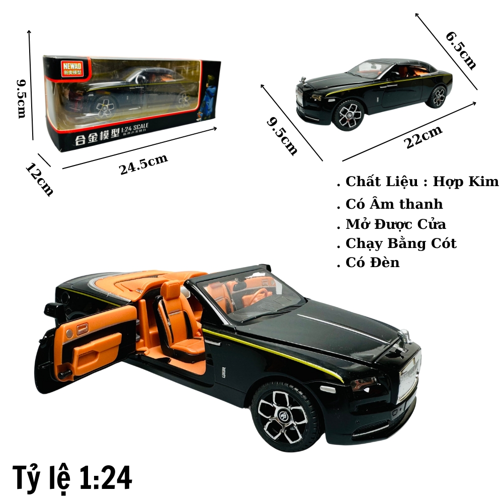 Mô Hình Xe Roll royce đen 1.24 Hợp kim có thể mở cửa - bánh sau chạy cót - Có tiếng  đèn pha sáng - Dài 22cm - rộng 9.5cm - cao 6.5cm - nặng ~ 1200gram - FULL BOX : box màu SKU : oto167 - K65-T5-S9