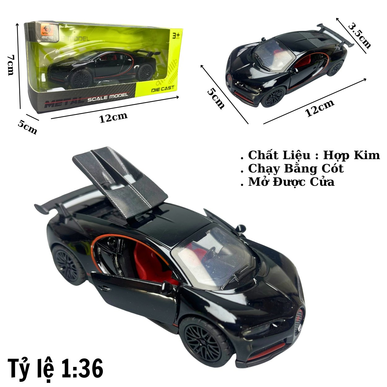 Mô Hình xe Bugati màu đen - tỉ lệ 1:36 Hợp kim có thể mở cửa - bánh sau chạy cót - Dài 12cm - rộng 5cm - cao 3.5cm - nặng : 200gram - FULL BOX : box màu - Sku : oto53 - K68-T2-S4