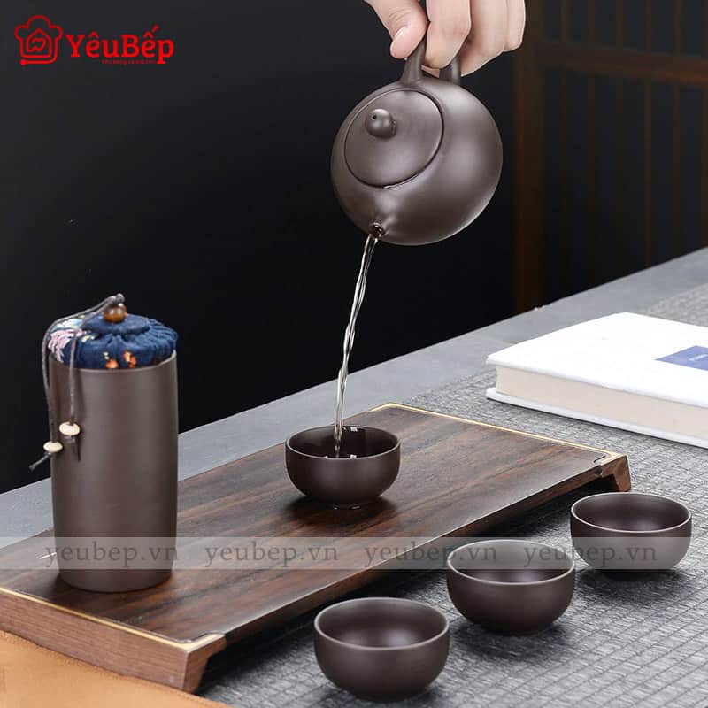 Bộ Ấm Trà Bằng Đất Sét Có Cặp Chống Sốc Cao Cấp