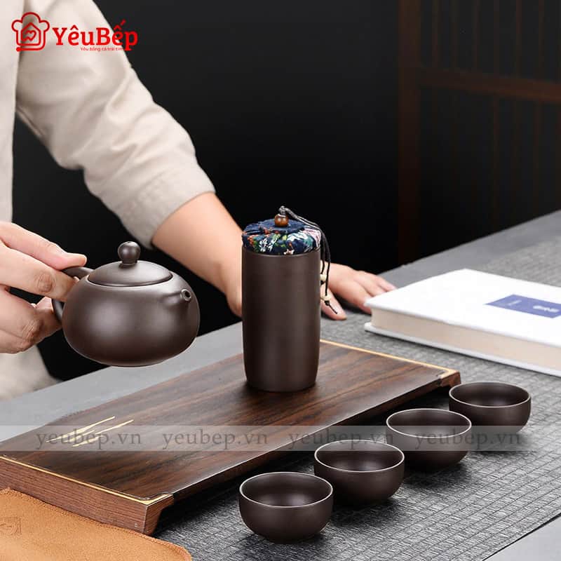 Bộ Ấm Trà Bằng Đất Sét Có Cặp Chống Sốc Cao Cấp