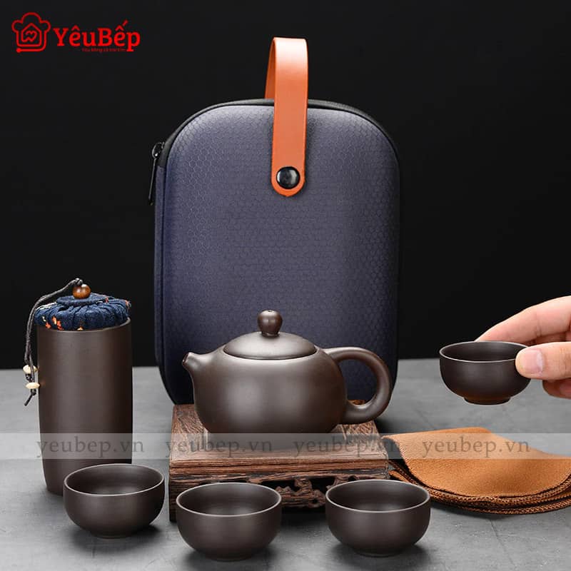 Bộ Ấm Trà Bằng Đất Sét Có Cặp Chống Sốc Cao Cấp