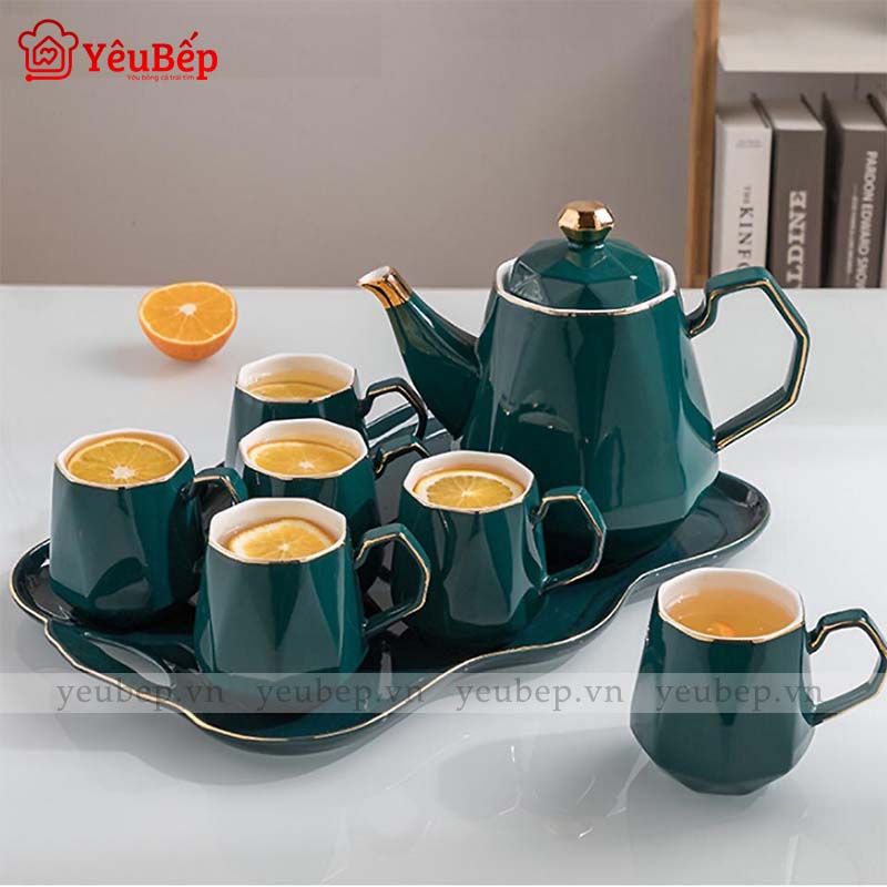 Bộ Ấm Trà Bằng Sứ Tráng Men, Màu Xanh Ngọc Lục Bảo Cao Cấp