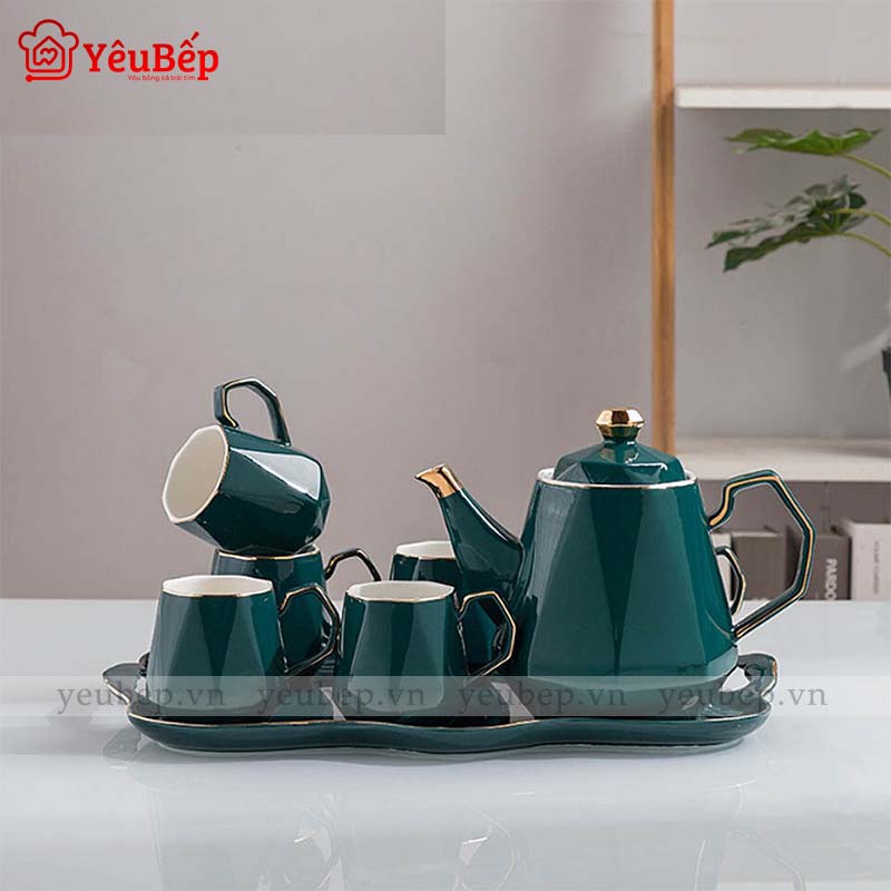 Bộ Ấm Trà Bằng Sứ Tráng Men, Màu Xanh Ngọc Lục Bảo Cao Cấp