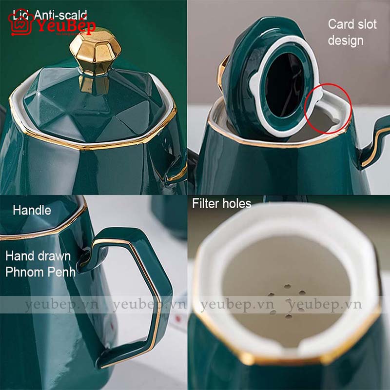 Bộ Ấm Trà Bằng Sứ Tráng Men, Màu Xanh Ngọc Lục Bảo Cao Cấp