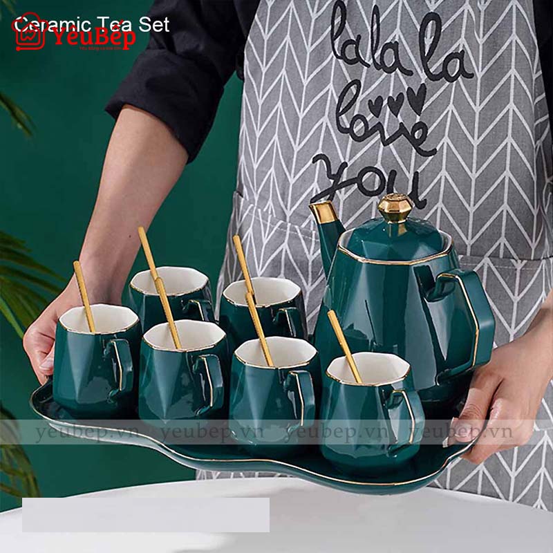 Bộ Ấm Trà Bằng Sứ Tráng Men, Màu Xanh Ngọc Lục Bảo Cao Cấp