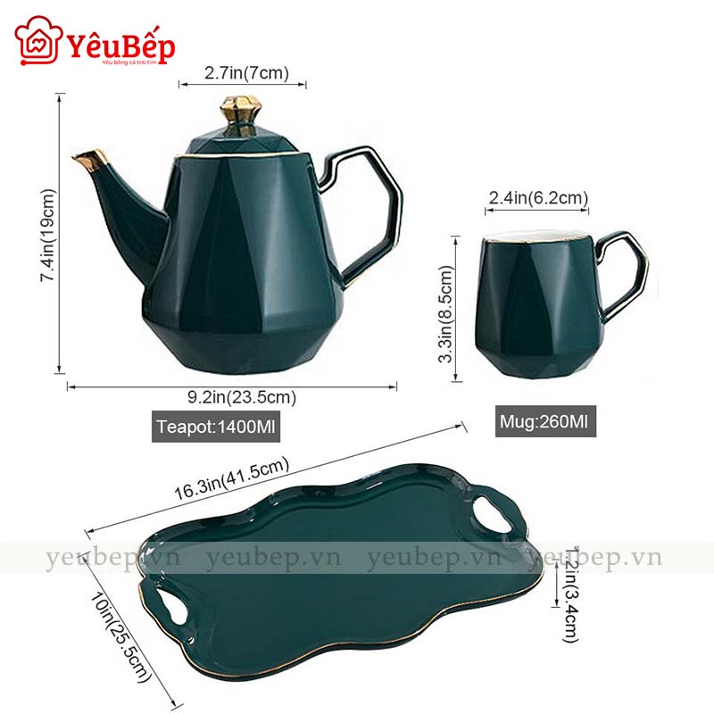 Bộ Ấm Trà Bằng Sứ Tráng Men, Màu Xanh Ngọc Lục Bảo Cao Cấp