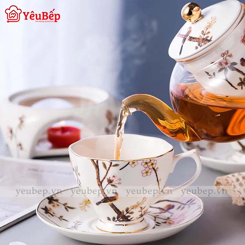 Bộ Ấm Trà Bằng Sứ Kèm Bếp Nến Sang Trọng