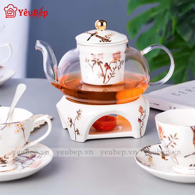 Bộ Ấm Trà Bằng Sứ Kèm Bếp Nến Sang Trọng