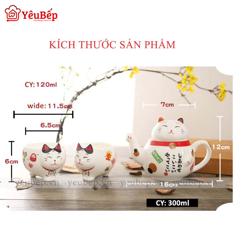 Bộ Ấm Trà Mèo Thần Tài Maneki Neko Phong Cách Nhật Bản