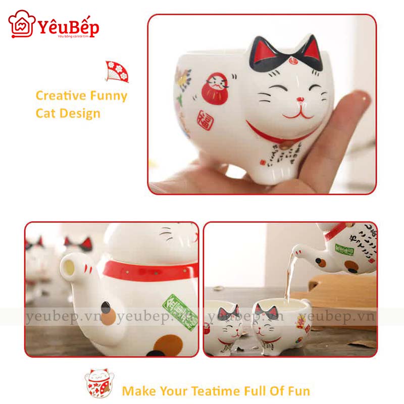 Bộ Ấm Trà Mèo Thần Tài Maneki Neko Phong Cách Nhật Bản