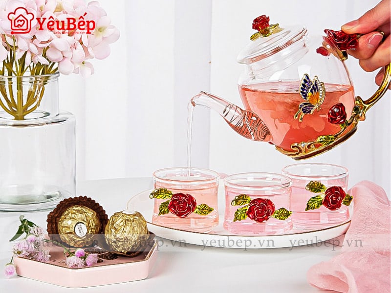 Bộ Bình Trà Hoa Bằng Thủy Tinh Dùng Làm Quà Tặng Sang Trọng