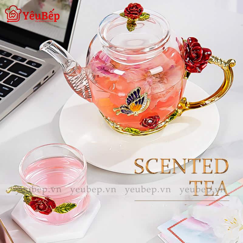 Bộ Bình Trà Hoa Bằng Thủy Tinh Dùng Làm Quà Tặng Sang Trọng