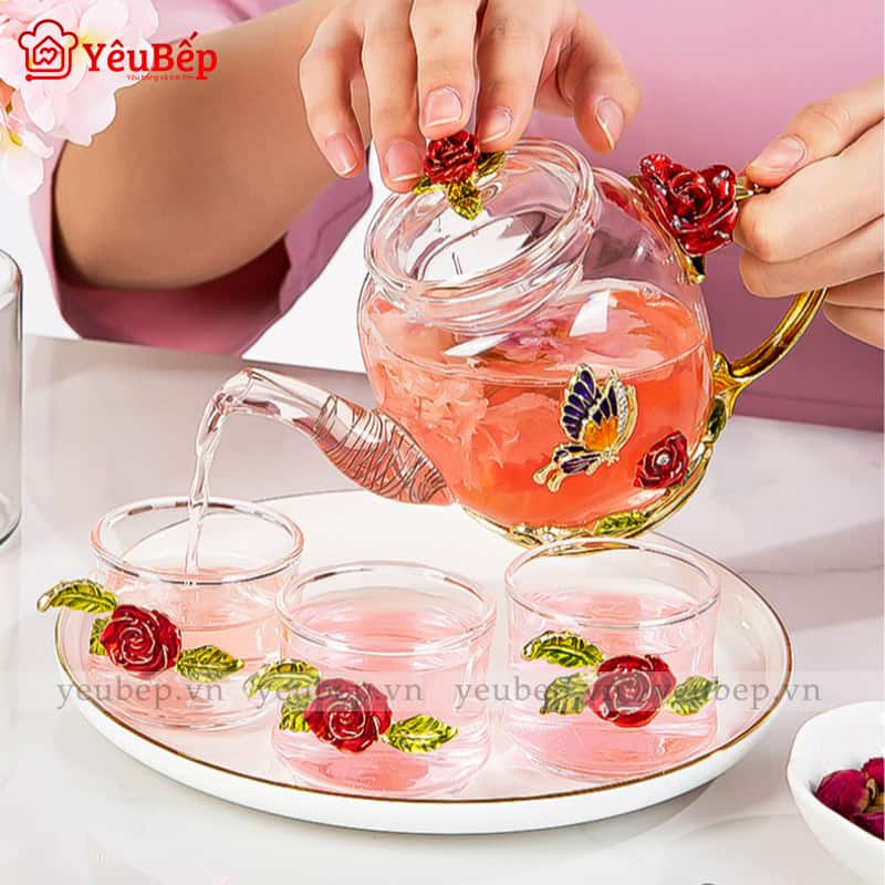 Bộ Bình Trà Hoa Bằng Thủy Tinh Dùng Làm Quà Tặng Sang Trọng