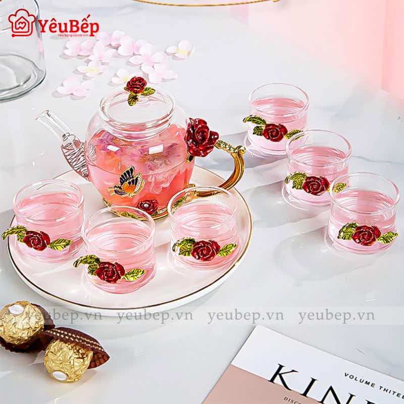 Bộ Bình Trà Hoa Bằng Thủy Tinh Dùng Làm Quà Tặng Sang Trọng