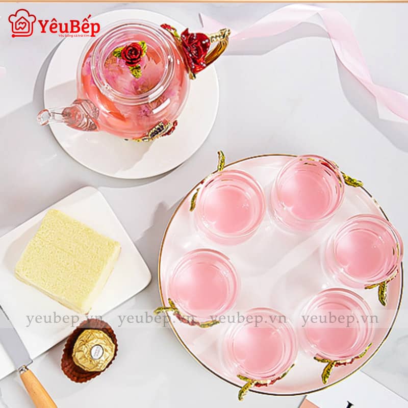 Bộ Bình Trà Hoa Bằng Thủy Tinh Dùng Làm Quà Tặng Sang Trọng
