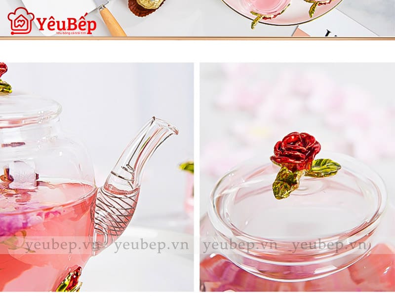 Bộ Bình Trà Hoa Bằng Thủy Tinh Dùng Làm Quà Tặng Sang Trọng
