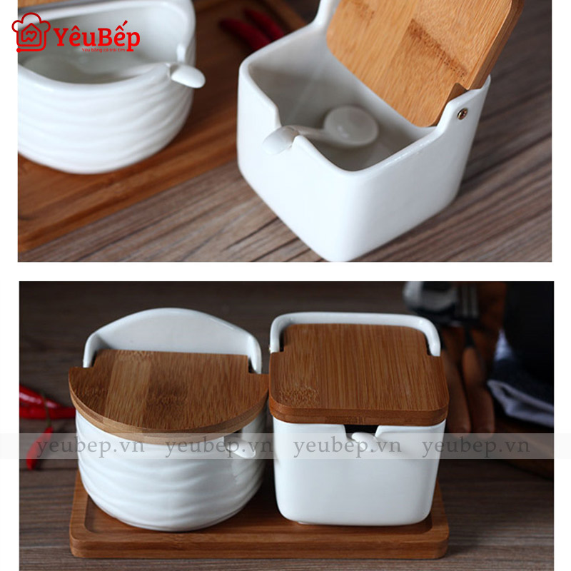Hũ Đựng Gia Vị Bằng Sứ Trắng Nắp Gỗ Có Thìa Đi Kèm