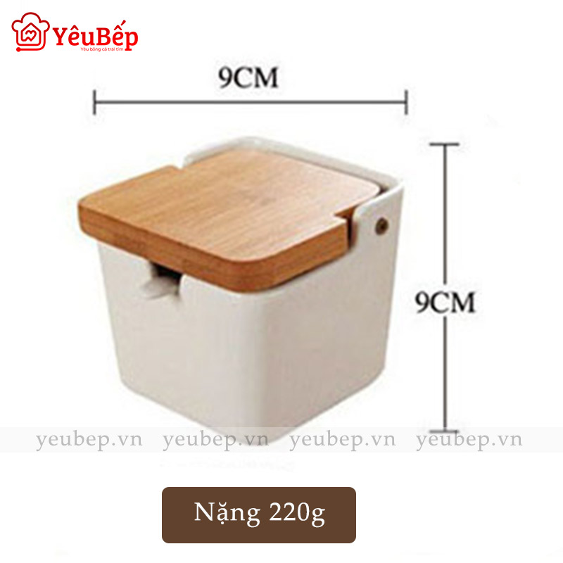 Hũ Đựng Gia Vị Bằng Sứ Trắng Nắp Gỗ Có Thìa Đi Kèm