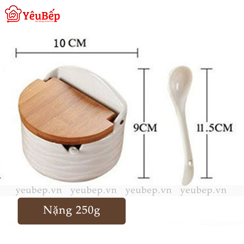 Hũ Đựng Gia Vị Bằng Sứ Trắng Nắp Gỗ Có Thìa Đi Kèm