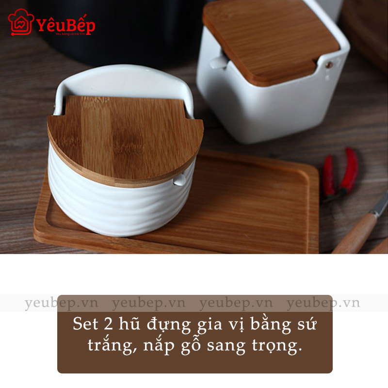Hũ Đựng Gia Vị Bằng Sứ Trắng Nắp Gỗ Có Thìa Đi Kèm