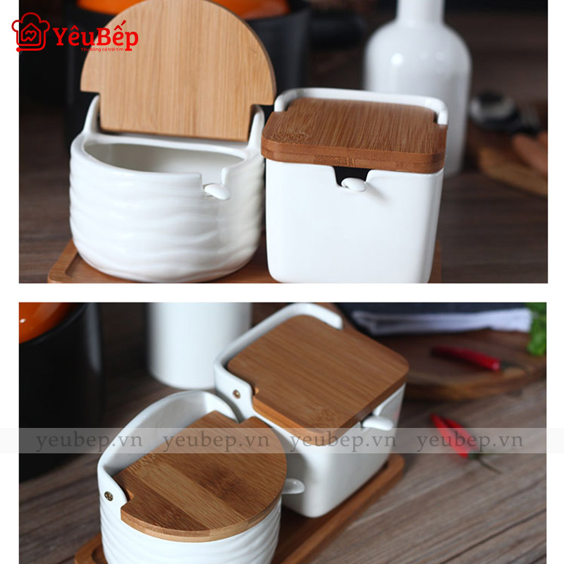 Hũ Đựng Gia Vị Bằng Sứ Trắng Nắp Gỗ Có Thìa Đi Kèm