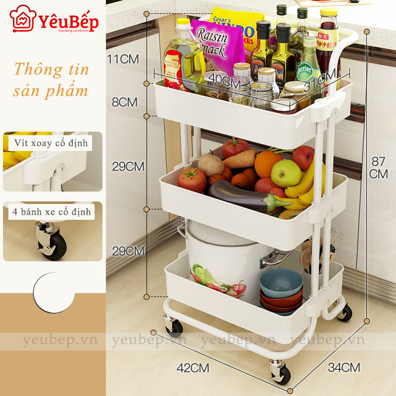 Kệ Gia Vị 3 Tầng Có Bánh Xe Tiện Dụng