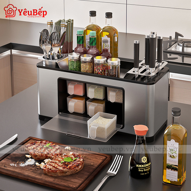 Kệ Gia Vị, Dao, Đũa, Muỗng Để Bàn Thông Minh Phiên Bản  2020 có nắp đậy