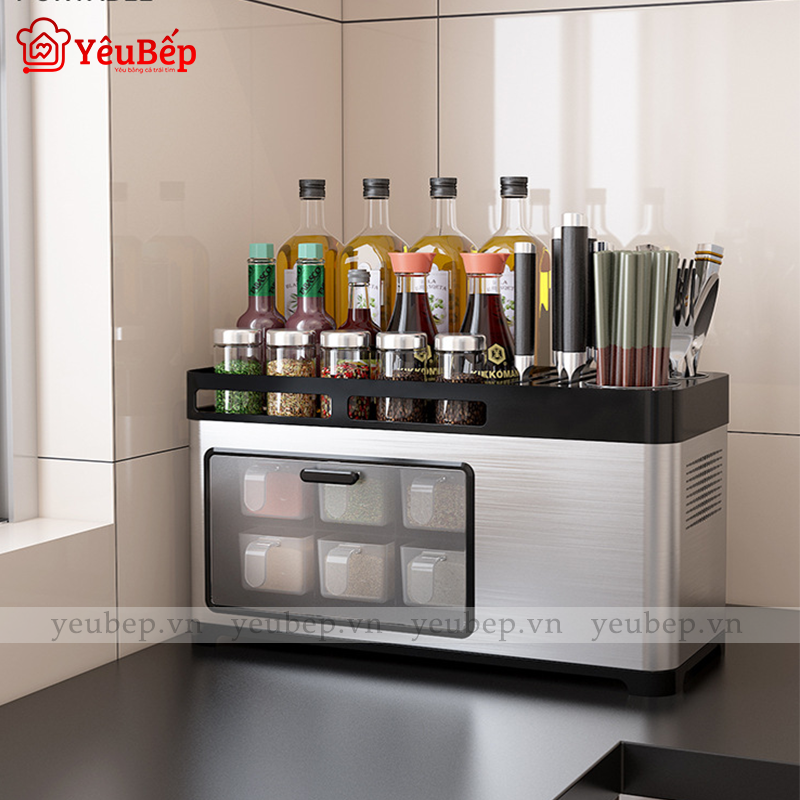 Kệ Gia Vị, Dao, Đũa, Muỗng Để Bàn Thông Minh Phiên Bản  2020 có nắp đậy