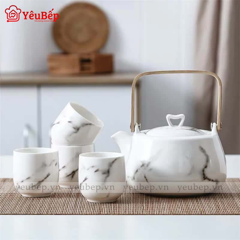 Bộ Ấm Trà Phong Cách Nhật Bản Đơn Giản, Hoa Văn Đá Cẩm Thạch