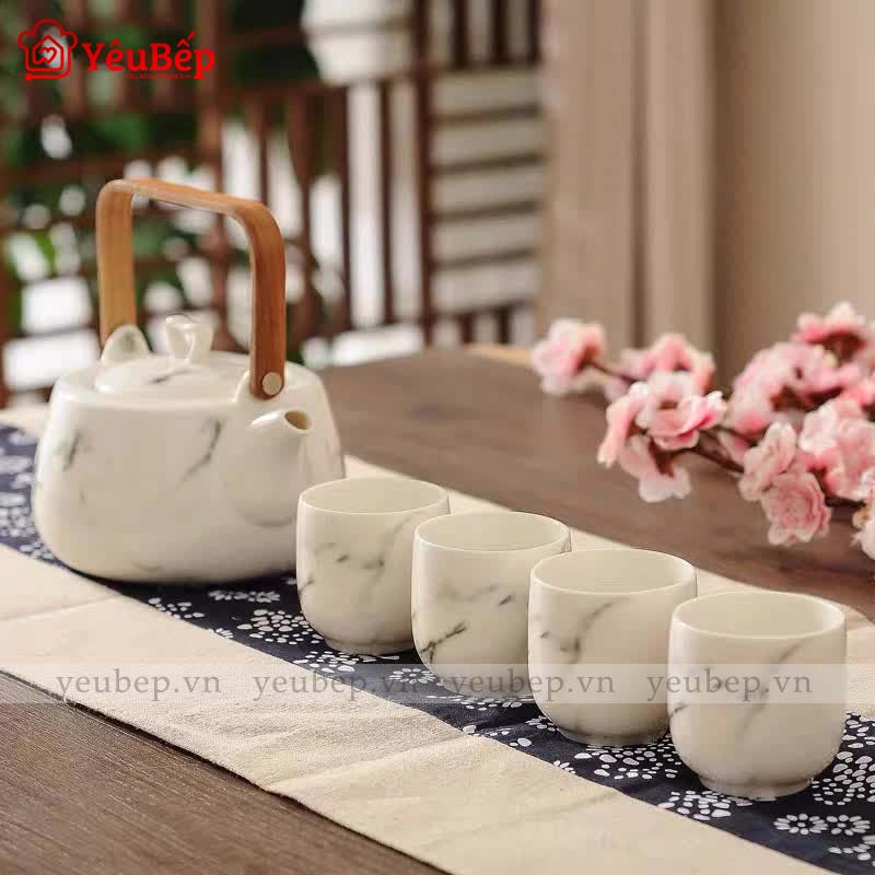 Bộ Ấm Trà Phong Cách Nhật Bản Đơn Giản, Hoa Văn Đá Cẩm Thạch