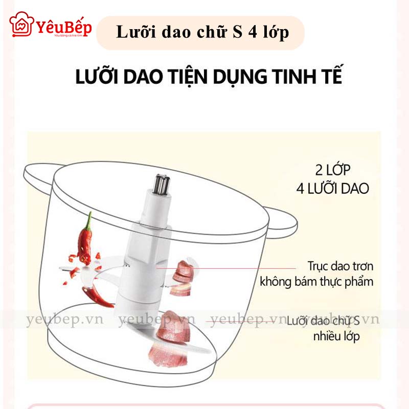 Máy Xay Thịt Đa Năng, Xay Củ Quả, Hành, Tỏi Ớt, 4 Lưỡi, Cối Inox 304, Công Suất 300 W, Dung tích 3L