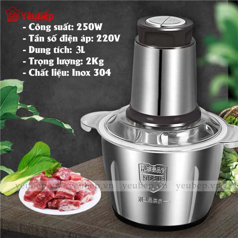 Máy Xay Thịt Đa Năng, Xay Củ Quả, Hành, Tỏi Ớt, 4 Lưỡi, Cối Inox 304, Công Suất 300 W, Dung tích 3L