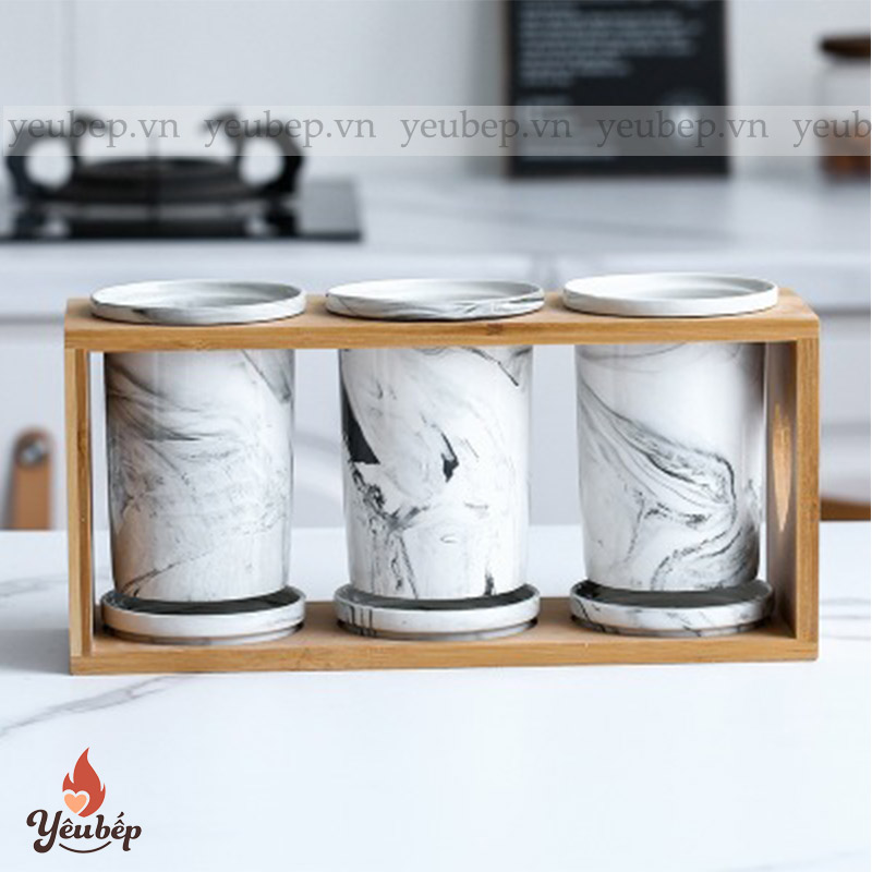 Bộ Ống Đựng Đũa Muỗng Bằng Sứ Cao Cấp Họa Tiết Vân Đá