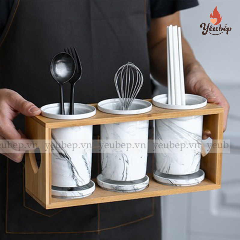 Bộ Ống Đựng Đũa Muỗng Bằng Sứ Cao Cấp Họa Tiết Vân Đá