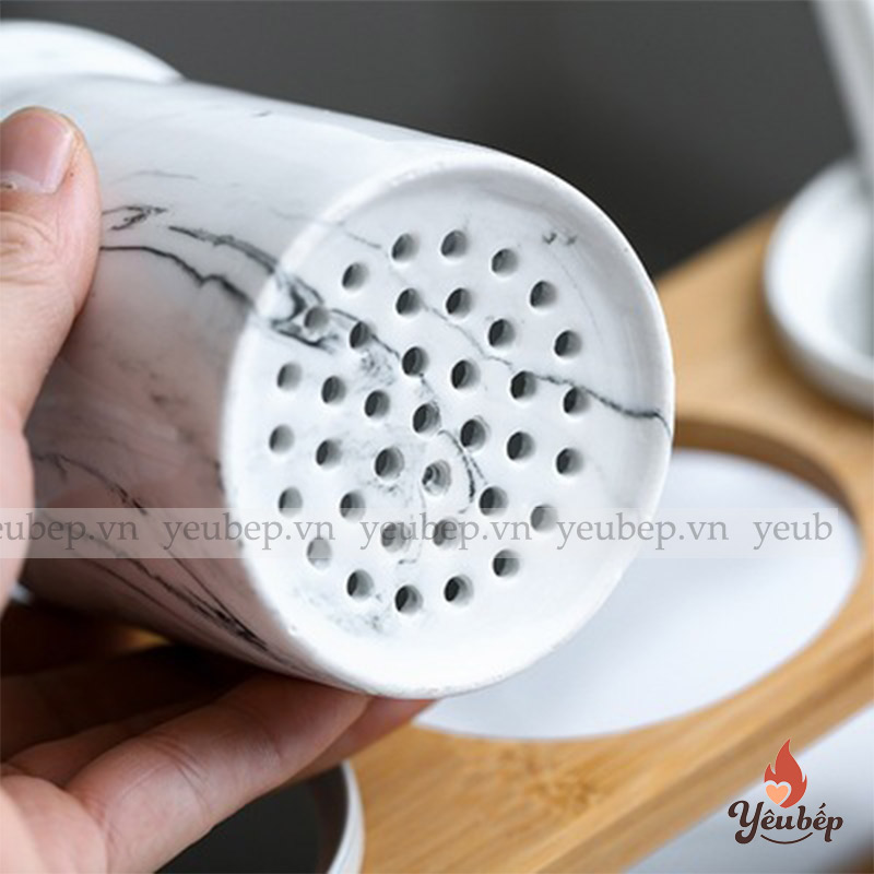 Bộ Ống Đựng Đũa Muỗng Bằng Sứ Cao Cấp Họa Tiết Vân Đá