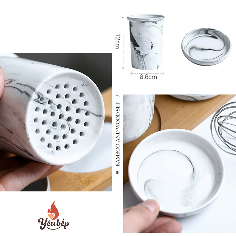 Bộ Ống Đựng Đũa Muỗng Bằng Sứ Cao Cấp Họa Tiết Vân Đá