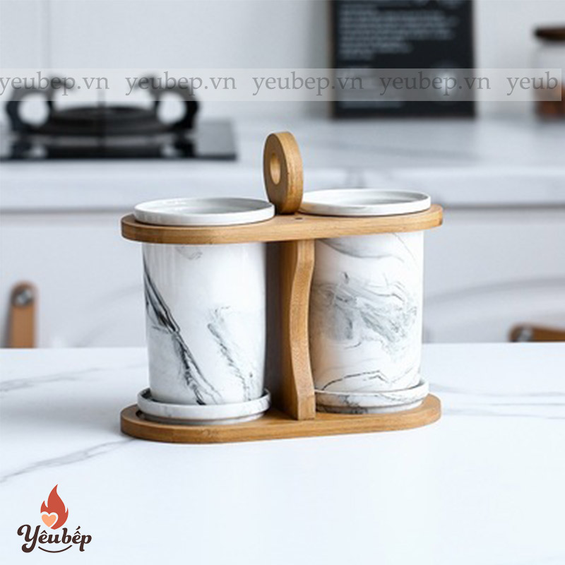 Bộ Ống Đựng Đũa Muỗng Bằng Sứ Cao Cấp Họa Tiết Vân Đá