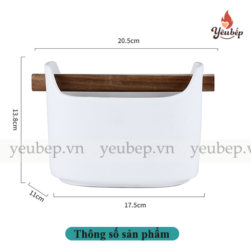 Ống đựng đũa muỗng bằng sứ, tay cầm gỗ để bàn