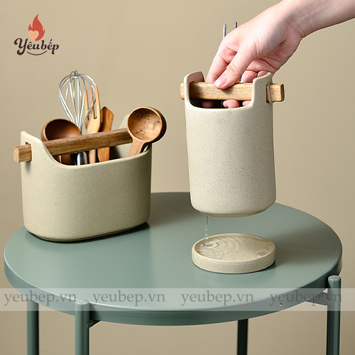 Ống đựng đũa muỗng bằng sứ, tay cầm gỗ để bàn