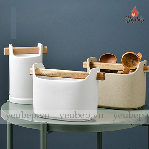Ống đựng đũa muỗng bằng sứ, tay cầm gỗ để bàn
