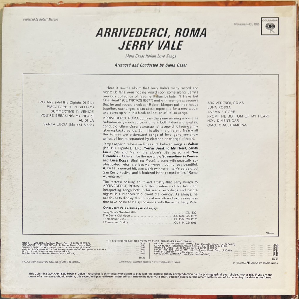 vinyl Jerry Vale – Arrivederci, Roma