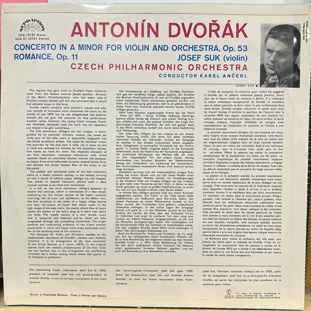 vinyl Antonín Dvořák – Josef Suk, Czech Philharmonic Orchestra, Karel Ančerl – Violin Concerto · Romance For Violin