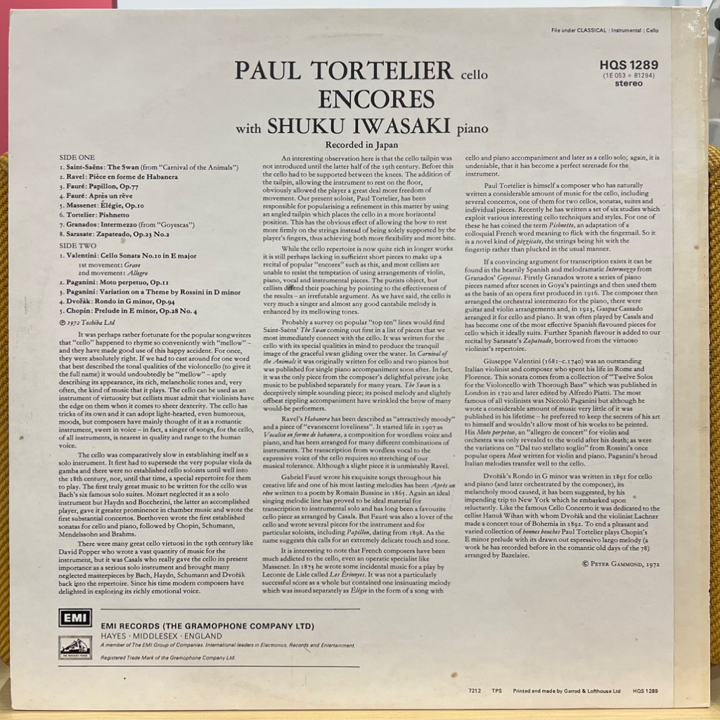 thuê vinyl Paul Tortelier With Shuku Iwasaki – Encores
