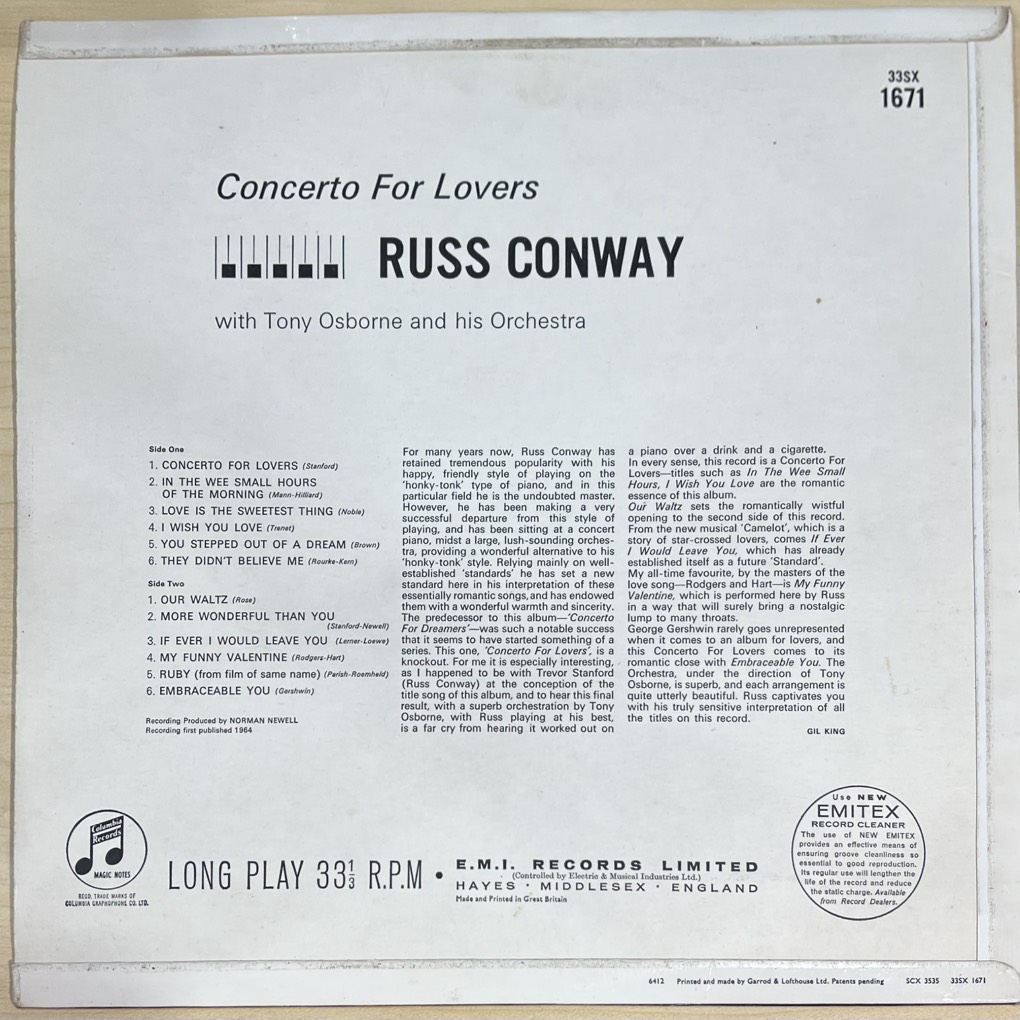 vinyl Russ Conway, Tony Osborne And His Orchestra – Concerto For Lovers