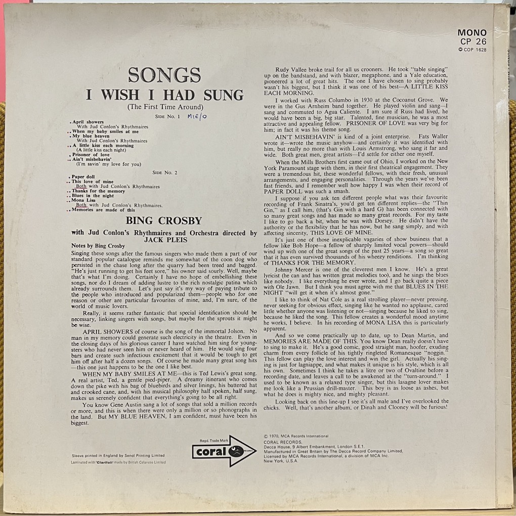 vinyl Bing Crosby – Songs I Wish I Had Sung (The First Time Around...)